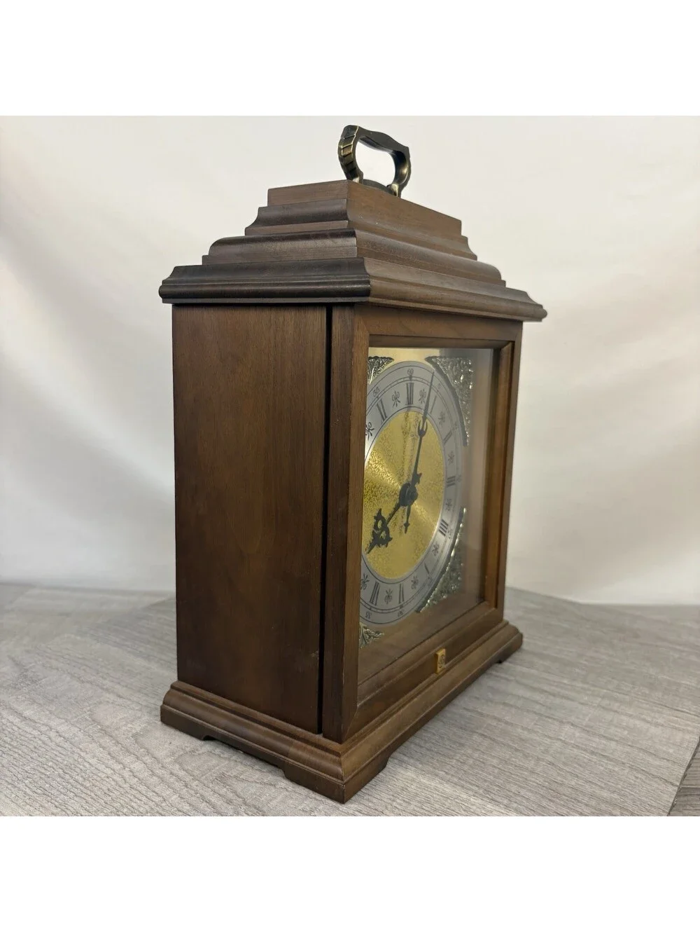 Hermle Quartz Mantel Clock Walnut Case West Germany Gold Dial Roman Numerals